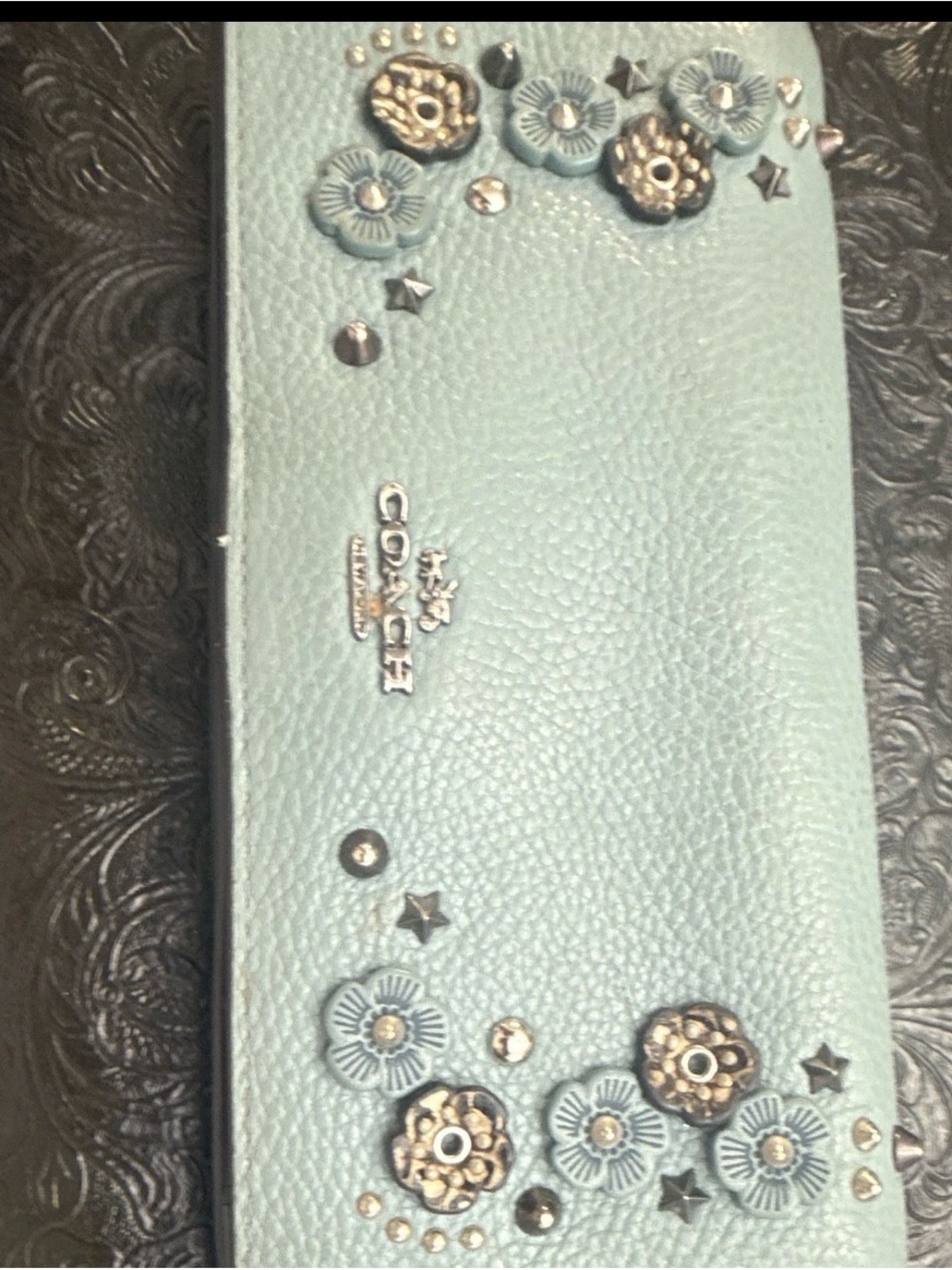 Coach Pale Blue Floral Appliqué Leather Wristlet